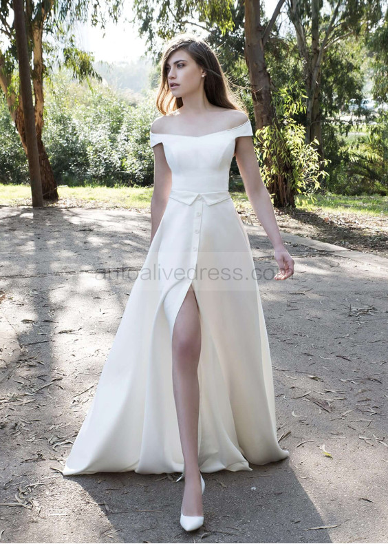 Off Shoulder Ivory Satin Slit Wedding Dress Off Shoulder Ivory Satin Slit Wedding Dress